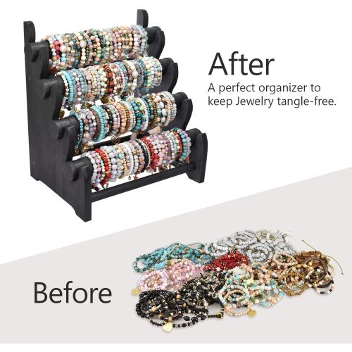 Ikee Design Antique Wooden 4 Tier Jewelry Bracelet Display Stand Bangle Scrunchie Organizer Holder for Store, Showcase and Home Storage, 12 W x 9 D x 14 H, Black Color