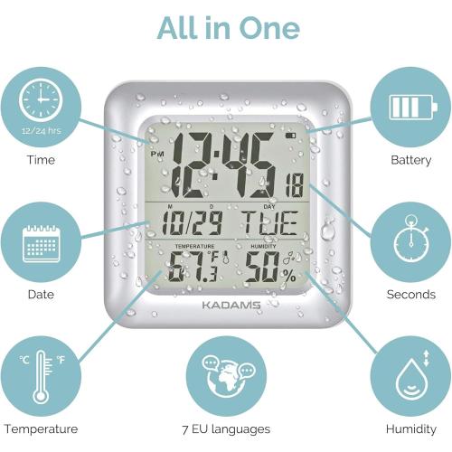 KADAMS Bathroom Clock 9.5 Kitchen Wall Clock with Large LCD Screen – Shower Clock with Suction Cup,Temperature, Humidity, Calendar – Water-Resistant, 4 Mounting Options, Silver