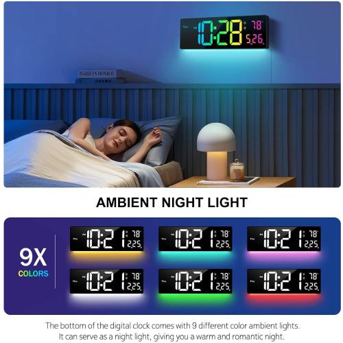 Digital Wall Clock Large Display 16, Digital Clock with 11 RGB Colors Changing Remote Control, LED Clocks with Night Lights for Living Room Bedroom Office Classroom Decor, Auto DST (Multicolor)