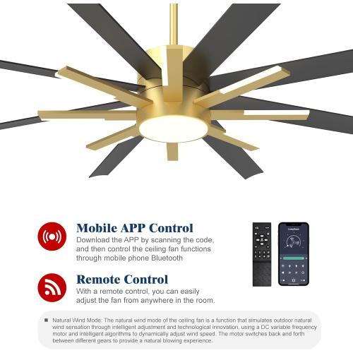 72 inch Large Ceiling Fans with Lights and Remote，Indoor/Outdoor Modern Ceiling Fan for Living Room Patio，6 Speed Reversible，8 Blades and 9 Lights，3 CCT，Black Gold