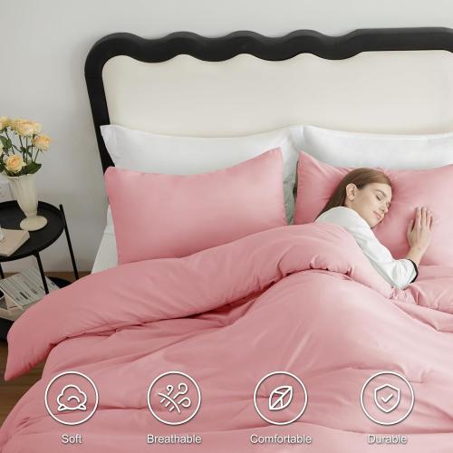 Comforter Set Pink, 3 Pieces Lightweight Comforters Quilted Bedding Sets, All Season Breathable Solid Down Alternative Comforter with 2 Pillowcases, Bed Set Gift for Home