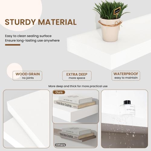 32x 9.3x1.5 inch set of 2 white  Floating Shelves for Wall, 2 Pack Shelves for Bedroom, Bathroom, Kitchen, Hanging Wall Mounted Rustic Wood Shelf with Invisible Brackets for Books Decor, White