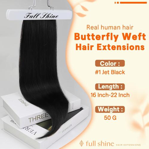 Full Shine Butterfly Weft Hair Extensions Human Hair 8 20 Inch Jet Black Invisible Thin Genius Weft with Double Layered Remy Hair Long Straight Hair Add Length