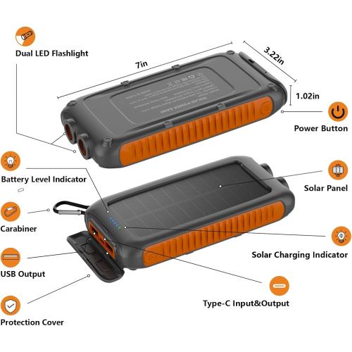 Solar Charger Power Bank 49800mAh, Portable Solar Phone Charger with 2 USB-A & USB-C Ports, 15W Fast Charging for iPhone, Samsung and More, Dual Flashlightfor Camping, Travel & Emergency Backup