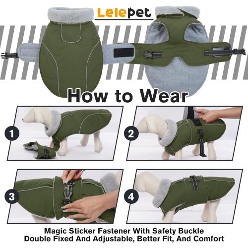 Lelepet Warm Dog Coat Reflective Fleece Vest Waterproof Dog Jacket with Adjustable Buckle Hook & Loop Windproof Cold Weather Coats for Dogs, Army Green, large