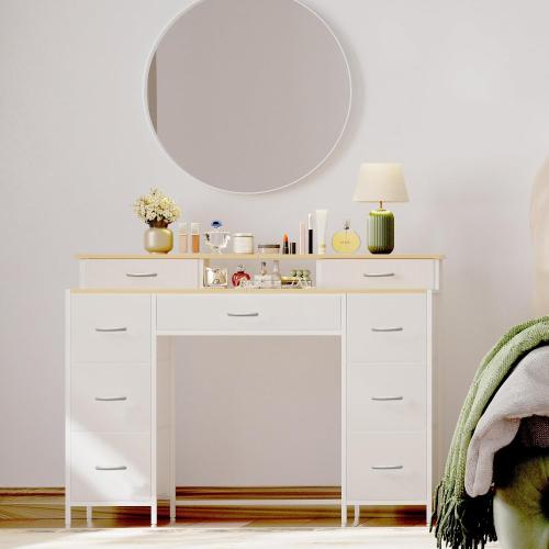 VASICAR Dresser for Bedroom with 9 Drawers & 2 Open Shelves, Fabric Storage Cabinet, Chest of Drawers, Long Dresser for Closet, Wooden Top & Metal Frame, Classic White