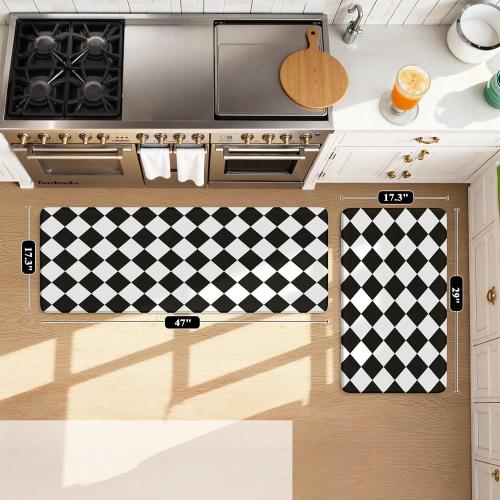 KIMODE Farmhouse Kitchen Rugs, Anti-Fatigue Kitchen Mats, Non-Slip, Cushioned Standing Mat, 17x47 17x29, Black Diamond Check