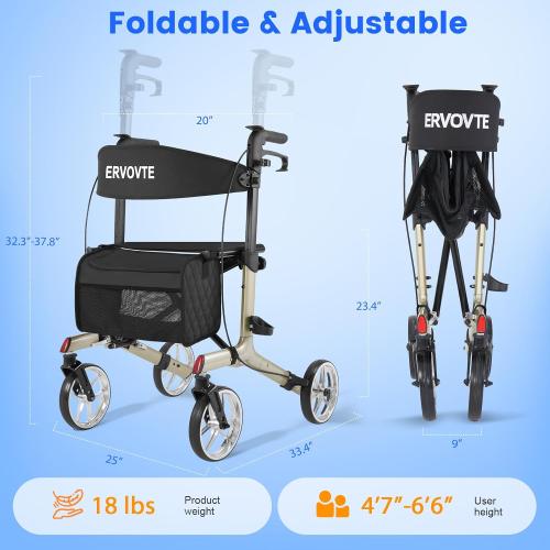 Walkers for Seniors with Seat, Foldable Rollator Walker, Reinforced Aluminum Frame, 8 Big Wheels for Indoor & Outdoor All Terrain Use, Height Adjustable Lightweight Rollator Walker with Seat