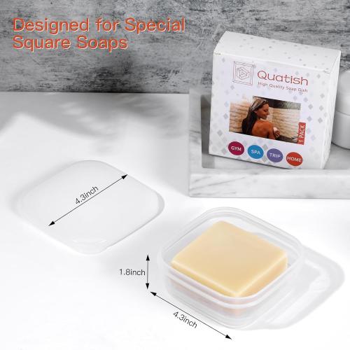 Clear 4.3x4.3x1.8 Quatish Leakproof Soap Dish with Lid, Shatterproof Travel Bar Soap Holder Case Container, Solid Shampoo Bar Holder, Portable Travel Size Toiletries Essentials for Camping, Gym, Bathroom, Clear