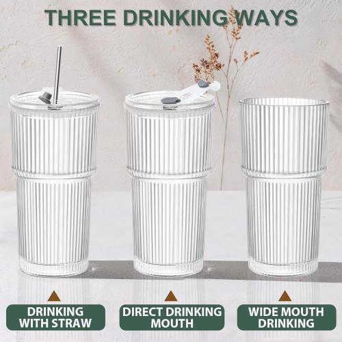 Iced Coffee Cups with Lids and Straws, 20 OZ Glass Tumbler with Straw and Lid, Clear Ribbed Glass Cups Reusable to Go Coffee Tumbler for Matcha, Smoothie, Cocktail,Latte, 4 Pcs MISSING ACCESSORIES