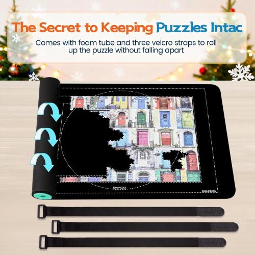 Pohxev Jigsaw Puzzle Mat Roll Up, Portable Saver Pad 48” x 31” Up to 2000 Pieces, Puzzles Matt Rollup with Non-Slip Rubber Bottom & Smooth Top. (6 Puzzle Sorting Trays & 1 Storage Bag)