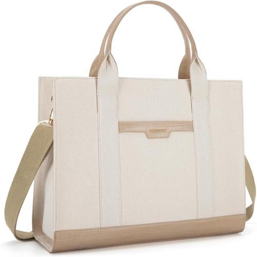Missnine Tote Bag Canvas Laptop Bag 15.6 inch Briefcase for Women Large Capacity Handbag for Office, College, Travel (Croc-embossed Light Khaki)
