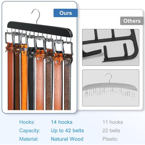 Belt Hanger for Closet, Sturdy Wood Belt Rack Closet Accessories with 14 Hooks Belt Organizer for Closet Organizers and Storage Max 42 Belts-Black 2 Pack