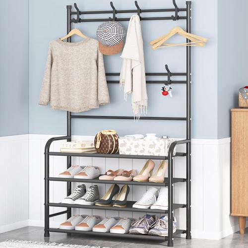 Coat Rack Shoe Rack with Storage Shelf Freestanding with 8 Hooks for Front Entryway Bedroom Closet 4 Tier, Black