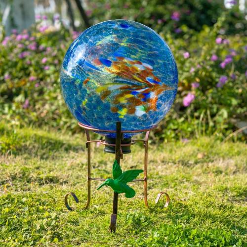 10 Diameter Garden Gazing Balls with 8.5 Hummingbird Metal Stand Indoor Outdoor Glass Globe Sphere Yard Ornament Gazing Balls for Garden,Home,Lawn,Patio,Porch(Blue)