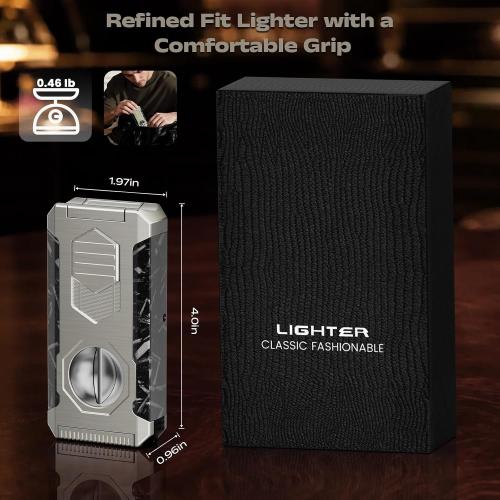 5-in-1 Butane Torch Lighter with Triple Jet Flame, Built-in V & Straight Shear, Holder, Draw Enhancer Tool, Refillable Windproof Cool Lighter for Candle, Camping, Travel, Outdoor, Gift Box for Men