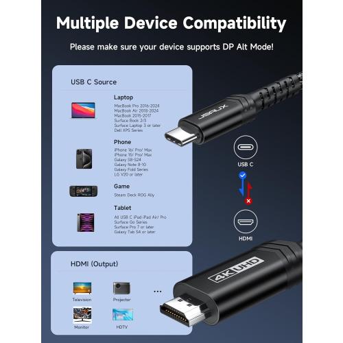 JSAUX USB C to HDMI Cable 10ft | 4K@60Hz | USB 3.1 Type C to HDMI 2.0 Cord for Home Office, (Thunderbolt 3/4 Compatible) with iPhone 16 Pro Max, MacBook Pro/Air, Galaxy S8 to S24, iPad Pro, iMac-Black