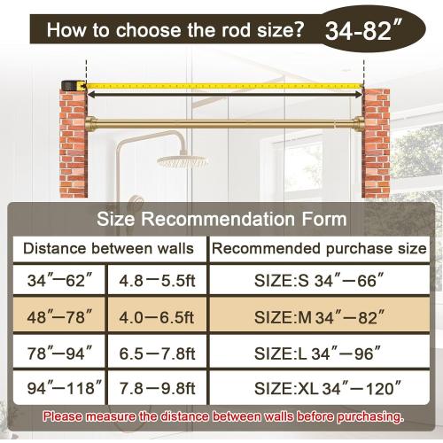 YNL Shower Curtain Rod 34-82 Inches (2.8-6.8ft) Adjustable Spring Shower Rod No Drilling, Non-Slip, Never Rust, Stainless Steel, Suitable for Bathroom Window Living room, Gold