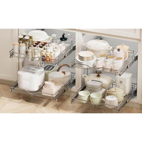 DINDON 2 Tier Pull Out Cabinet Organizer (17 W x 18 D) Heavy-Duty Metal Sliding Drawer Shelf, Two Tier Pull Out Shelves for Kitchen Cabinets, Pantry, Bathroom, Chrome Finish