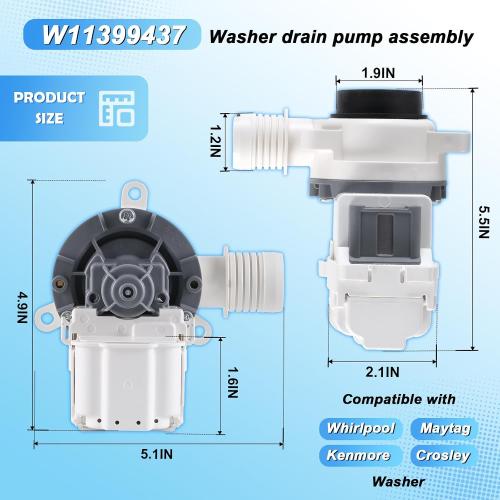 W11399437 Washer Drain Pump Assembly Compatible with Whirlpool Maytag Kenmore Crosley Washing Machine, Replacement PartPD00058225 W11259498 4961028 AP6974144 PS12731241 EAP12731241
