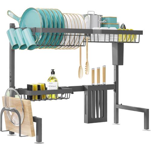 Dish Drying Rack Over The Sink - Large Capacity Stainless Steel Dish Drainer, Multifunctional Kitchen Organizer, Gray, 11 D x 30~33.9''W x 21.5 H