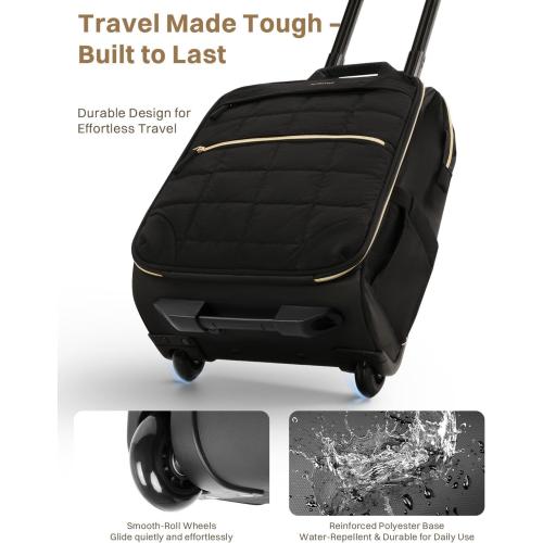 Rolling Puffer Backpack for Women, Wheeled Laptop Backpack, Short-Term Travel Backpack with Wheels, Roller Adults Work Computer Bag, Water Resistant Overnight College Underseat Carry on Luggage, Black