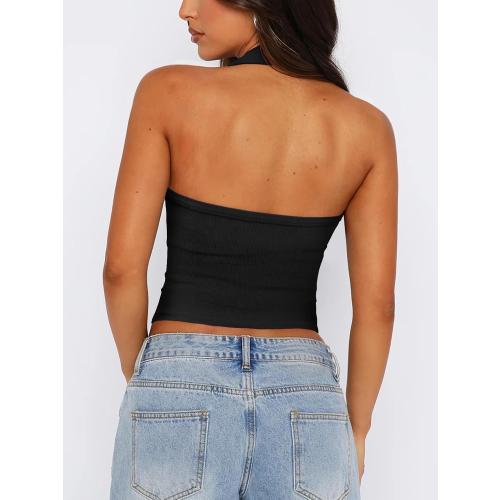 Size large Womens Button Down Tank Top for Women Ribbed Button Up Halter Fitted Vest Summer Sexy Trendy Cute Crop Going Out Tops