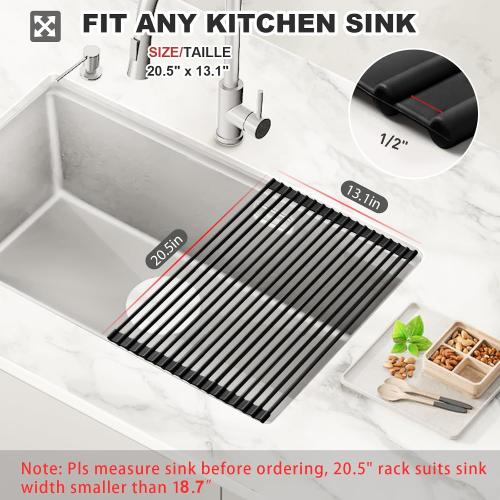MERRYBOX 20.5 x 13 Roll Up Dish Drying Rack Silicone Wrapped Over The Sink Dish Drying Rack Multipurpose Foldable Sink Drying Mat, Heat-Resistant & Anti-Rust Dish Rack for Kitchen Sink, Large, Black