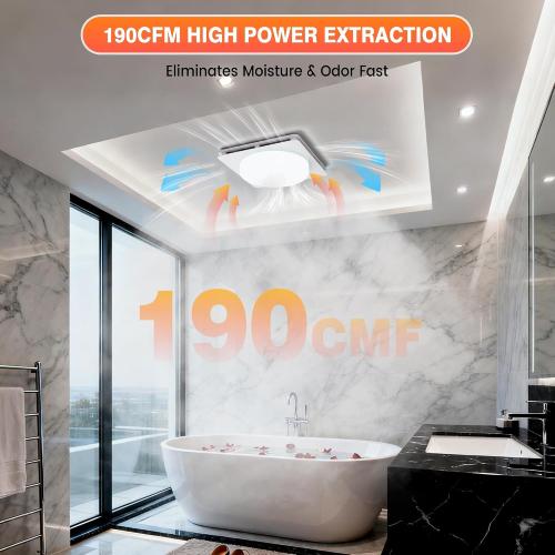 2 in 1 Bathroom Exhaust Fan with Light, 40W Quiet Vent Fan - 190 CFM & 1.0 Sone Bath Fan with Light, 1500lm LED Light, Easy to Install, Remote Control, UL Listed