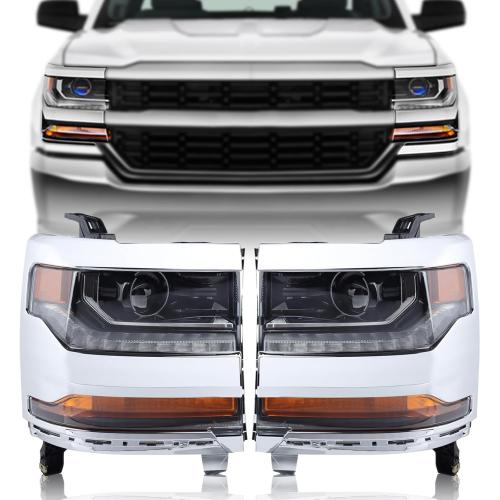 Chrome HID/Xenon LED DRL Projector Headlight Assembly Compatible with 2016-2018 Chevy Silverado 1500/2019 Silverado 1500 LD Driver&Passenger Side 84388631 84388723