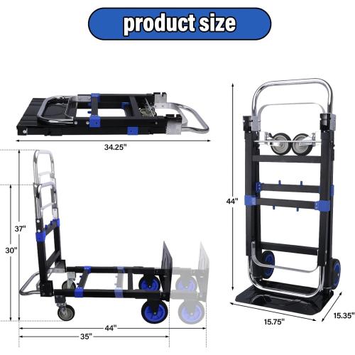Upgraded 3 in 1 Folding Hand Truck, 600lbs Capacity, Heavy Duty Convertible Dolly with Retractable Handle and 4 Rubber Wheels, Collapsible Cart for Moving Home, Office, Warehouse (Blue)