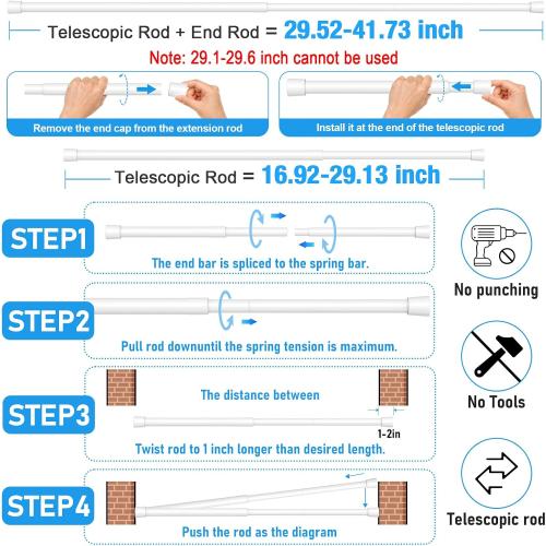 2 Pack Spring Loaded Tension Rod 17-41 Adjustable Curtain Rods No Drill Extendable Spring Rod Tension Curtain Rods For Window Kitchen Shelves Rv Refrigerator And Small Spaces,White