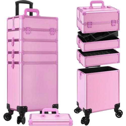 Rolling Makeup Train Case Large Storage Cosmetic Trolley 5 in 1 Large Capacity Trolley Makeup Travel Case with Key Swivel Wheels Salon Barber Case Traveling Cart Trunk, Pink