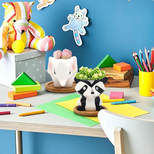 Small Ceramic Succulent Pots - 6 Pack 3 Cartoon Animal Shape Planters Indoor & Outdoor with Drain Holes and Bamboo Tray for Succulents, and Herbs