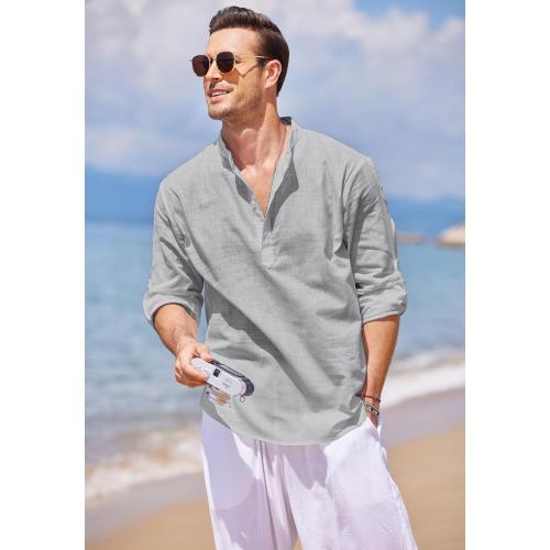 COOFANDY Men's Cotton Linen Henley T-Shirt Long Sleeve Hippie Casual Beach T-Shirts