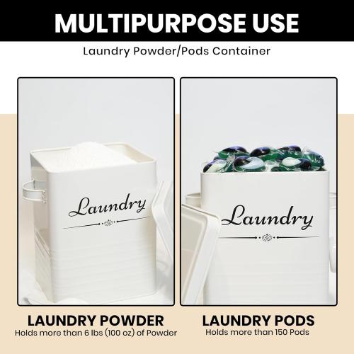 Farmhouse Metal Laundry Pods Container with Dryer Sheet Holder for Organization and Storage, Laundry Room Decor - Holds 156 Pods and 300 Sheets (White)