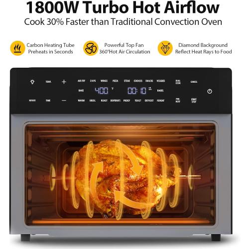 32QT Extra Large Air Fryer, 19-In-1 Air Fryer Toaster Oven Combo with Rotisserie and Dehydrator, Digital Convection Oven Countertop Airfryer Fit 13 Pizza, 6 Accessories, 1800w (Black)