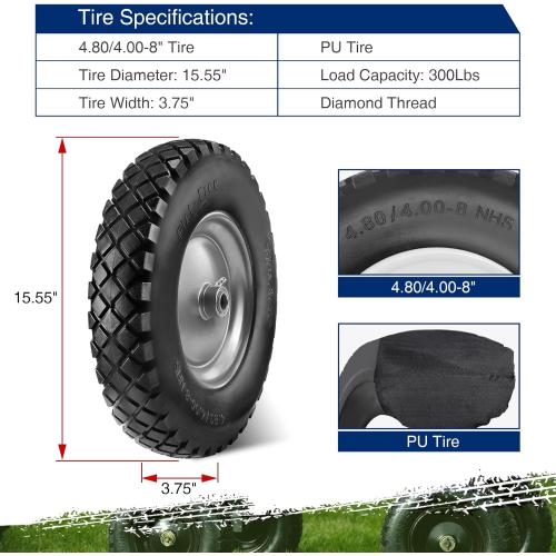 MaxAuto Wheelbarrow Tires 4.80 4.00-8 Flat-Free 4.80/4.00-8 Tire and Wheel w/Grease Fitting, 3 Centered Hub, 3/4 Bearings, 4.80 4.00-8 Tire for Hand Truck, Trolley, Garden Cart, Wagons, Gray