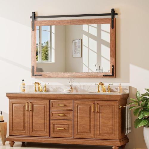 Farmhouse Bathroom Mirror, 40x26 Rustic Wood Vanity Mirror Brown | Decorative Wood Framed Wall Mounted Mirror,Barn Door Style Vintage Vanity Mirror, Bathroom/Vanity/Hallway Decor