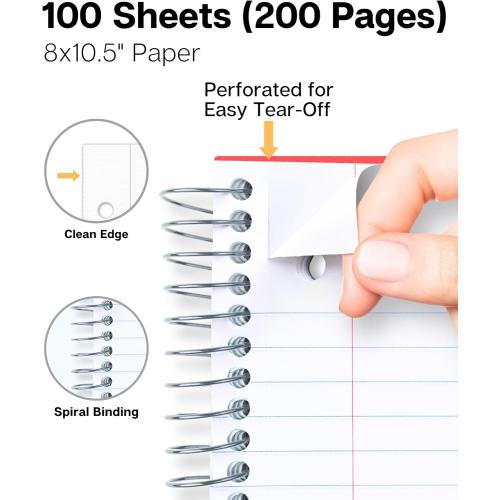 Dunwell 1 Subject Spiral Notebooks, (3-Pack, Red Blue Black) 8x10.5” Paper, Wide Ruled Lines, Plastic Covers, 100 Sheets (200 Pages), 3-Hole Punched Perforated Pages, Divider with Pockets