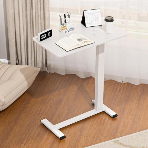 Ywin Adjustable Height Side Table, Adjustable Bedside Table with Wheels, Overbed Bedside Table, Pneumatic Moveable Bed Desk, Rolling Hospital Bed Table(White)