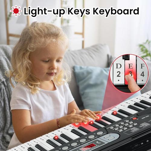 61 Key Keyboard Piano, Electric Piano Keyboard with Lighted Keys, Pitch Bend, Built-in Speakers- Includes Piano Stand and Bench, Microphone, Portable Keyboard Piano for Beginners