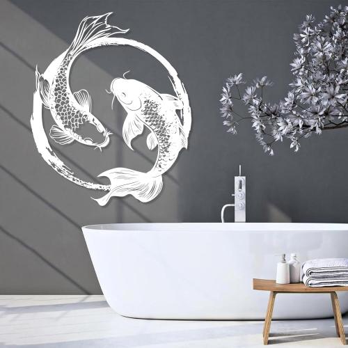 Metal Koi Fish Wall Decor, Koi Fish Metal Wall Art, Feng Shui Koi Fish, Yin Yang Wall Art, Zen Art Wall Decor, Feng Shui Home Design, Spiritual Metal Sign, Bathroom Wall Decor (Gold, 30x35|75x90cm)
