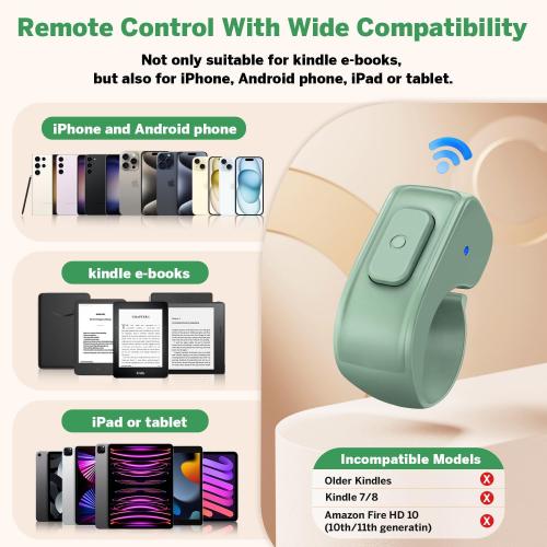 Page Turner Ring for Kindle,Remote Control for iPhone iPad Android Tablets E-Readers,Clicker Page Turner for Kindle Accessories for Camera Video Record&Shutter Selfie (Green)