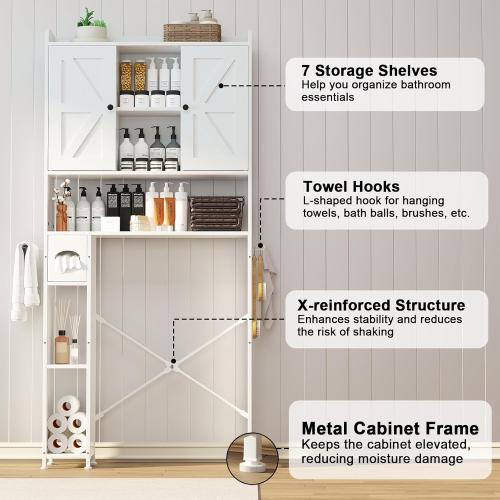 32W Over The Toilet Storage Cabinet with Metal Frame and 7 Storage Shelves, Bathroom Organizer with Adjustable Shelves and Paper Holder, Farmhouse Storage Cabinet for Bathroom, Laundry, White