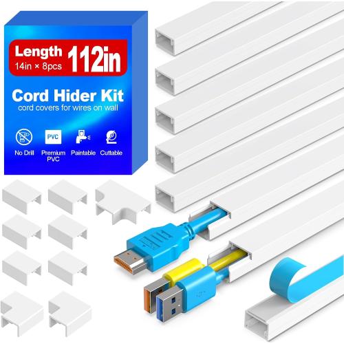 112in Cord Hider Kit, Cord Covers for Wires on Wall, Premium One-Cord Cable Hider, Paintable Cable Raceways, Self-Adhesive Wire hiders for TV, 8×L14in×W0.59in×H0.4in, White