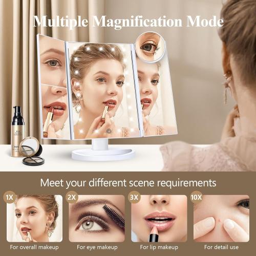 HUONUL Makeup Mirror, Vanity Mirror with Lights, 2X/3X/10X Magnification, Touch Control, Trifold, Dual Power Supply, Gifts Mothers Day for Mom,Gifts for Women, Wife, Girls,Dorm Room Essentials