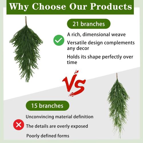 2 Pcs 29.5’’ New Year Teardrop Swags, 21 Branches Each Artificial Hanging Decorations Christmas Indoor Outdoor Ornament