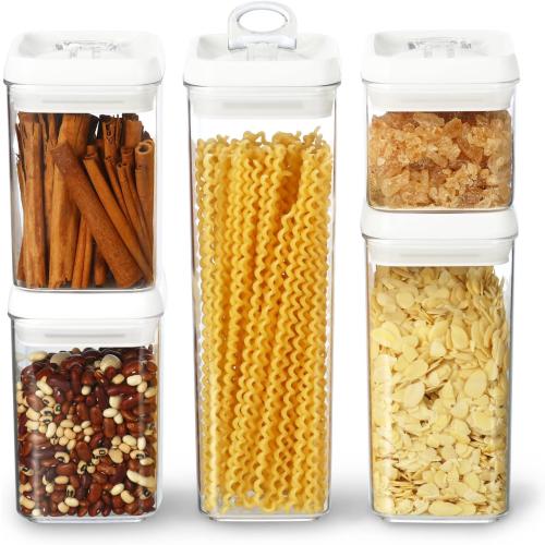 Felli Flip Tite Storage Container with Lid 4 Airtight Ring Seal Top, Stackable Acrylic Canister Jar Set for Kitchen Pantry Organizer, Food Spice Pasta Snack (5pk, Variety)