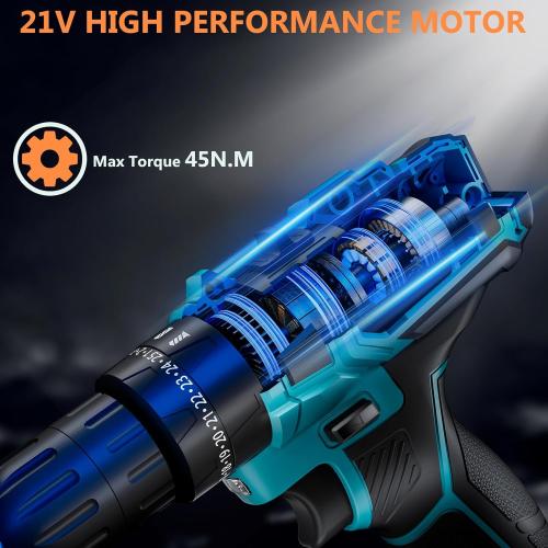 Cordless Drill with 2 Batteries and Charger, 21V Electric Drill Cordless, Portable Power drill Set, 3/8 Keyless Chuck, 2 Variable Speed, 25  3 Clutch, 398 In-lb Max Torque